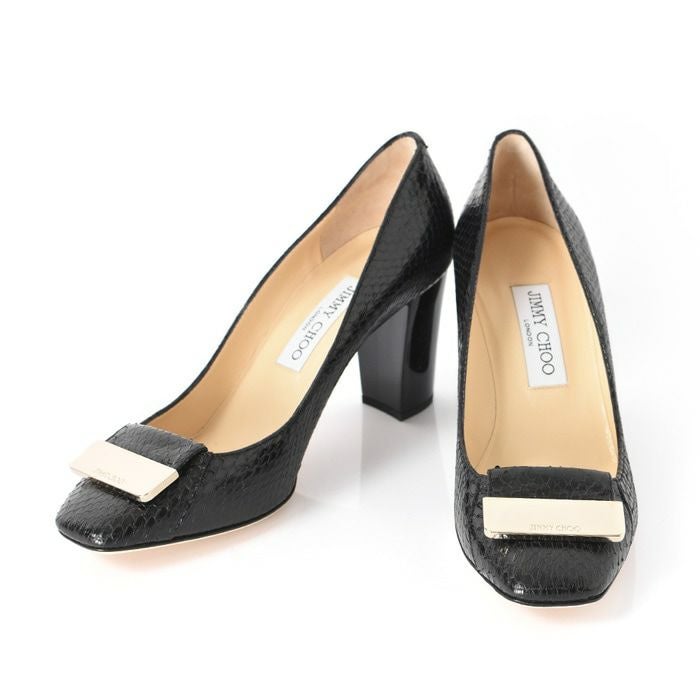 値下げしました！【美品】JIMMY CHOO ブラック レザー パンプス　ヒール スネークレザー パンプス 8cm 太ヒール Amber アンバー ジミーチュウ