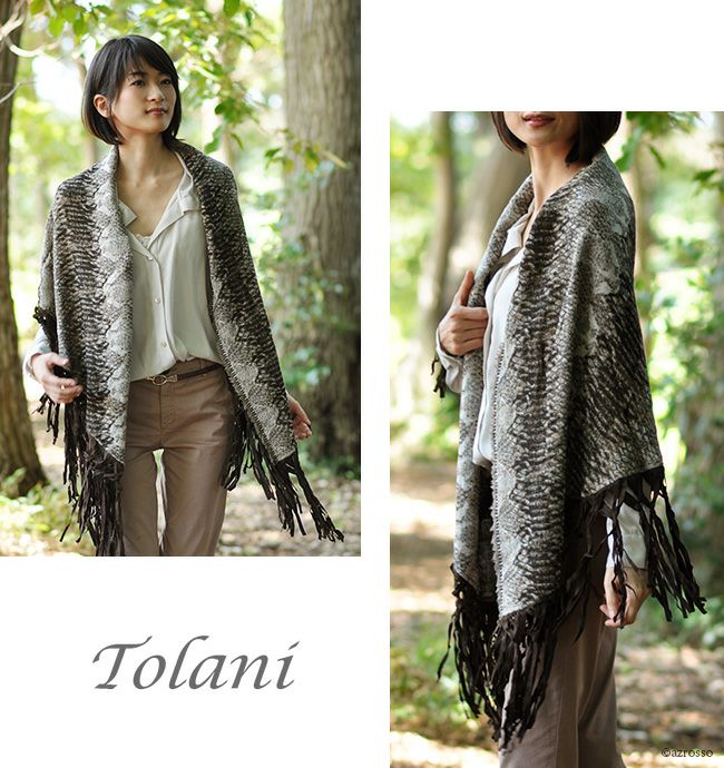 Tolani (トラニ)スネーク柄レザーフリンジ 三角 大判ストールアニマル