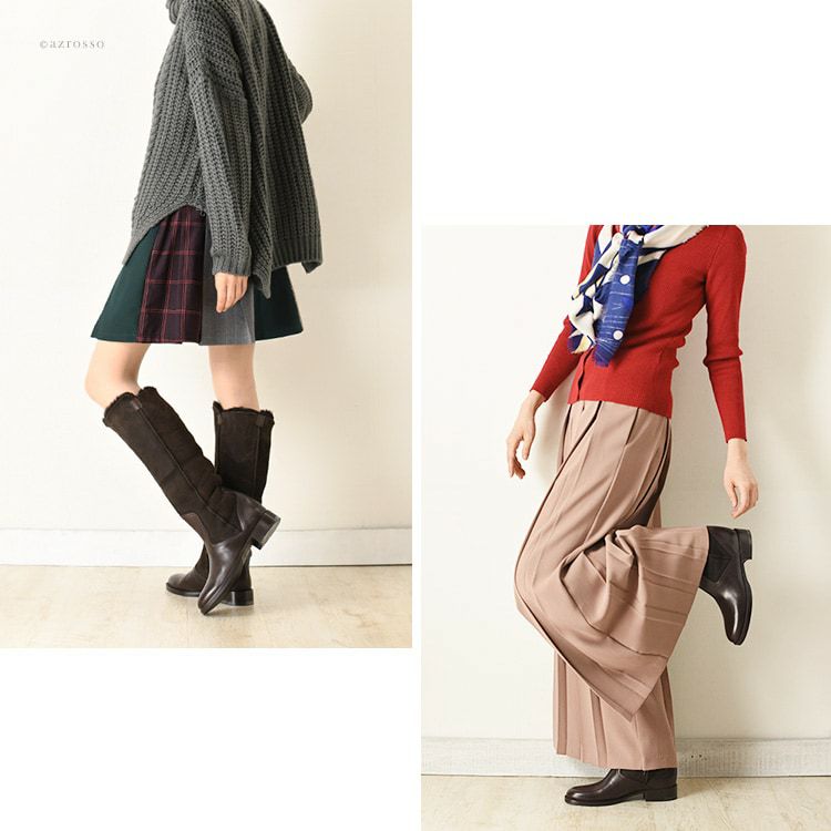 イタリア製 本革 ロングブーツ 2way ムートン レディース ローヒール