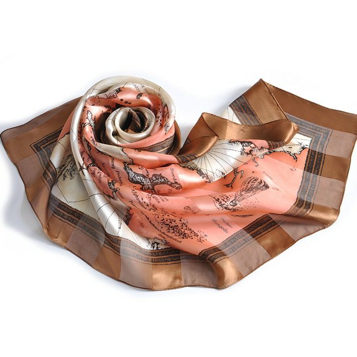 レトロな世界地図柄のシルク100％スカーフ 日本製横浜スカーフ通販