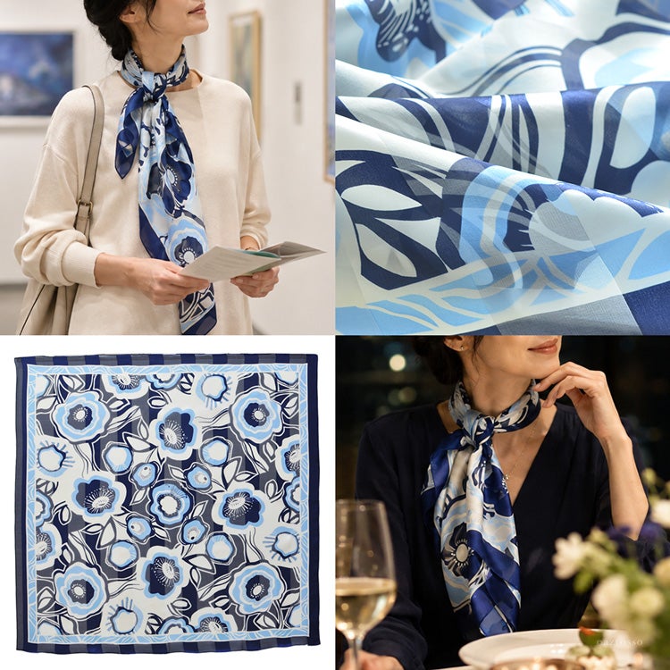 美術館や食事の場面で、ネイビーの花柄シルクスカーフを白ニットや紺の服に合わせた着用例と、生地・全体柄