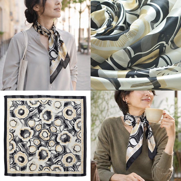 黒とベージュの花柄シルクスカーフを淡色のブラウスやニットに合わせた街歩き・カフェの着用例と、生地・全体柄