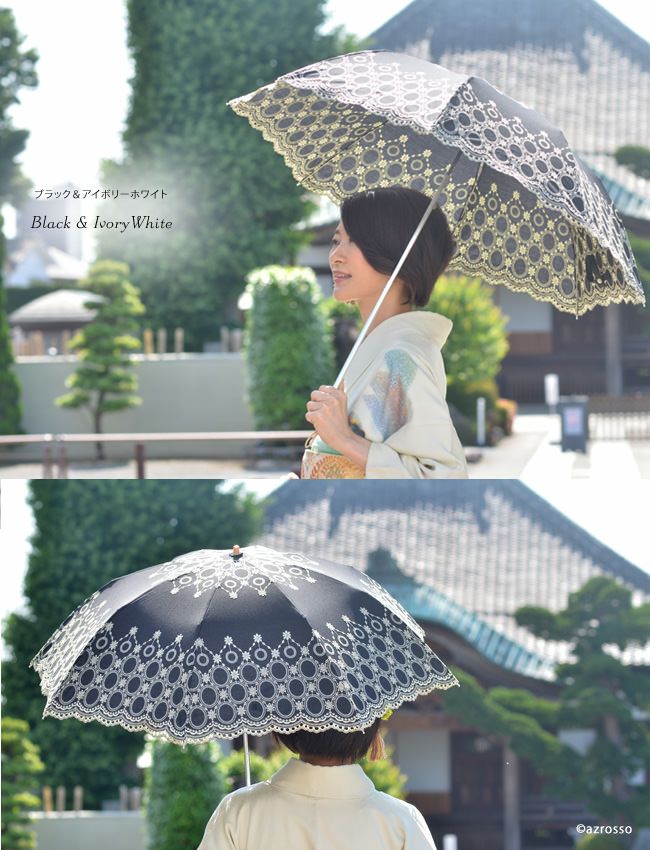 レース 日傘 折りたたみ 晴雨兼用 布製 木製バンブー風ハンドル 大判