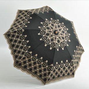 レース 日傘 折りたたみ 晴雨兼用 布製 木製バンブー風ハンドル 大判