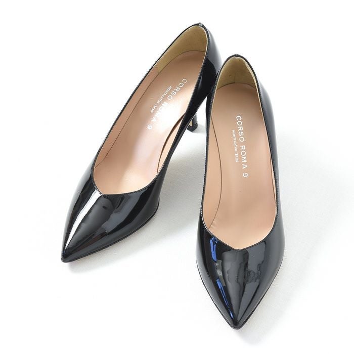 22cm-25.5cm│エナメル パンプス ヒール 6.5cm 本革 Vカット ポイン