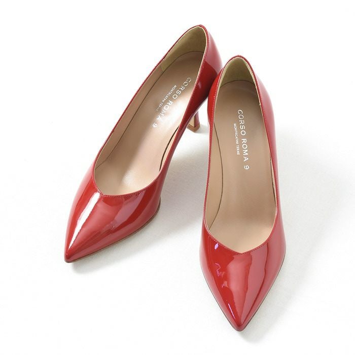 22cm-25.5cm│エナメル パンプス ヒール 6.5cm 本革 Vカット ポイン