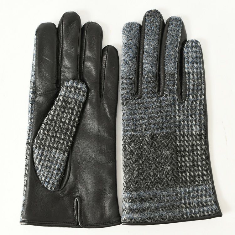 スマホ対応 ハリスツイード×羊革 レディース チェック レザーグローブ