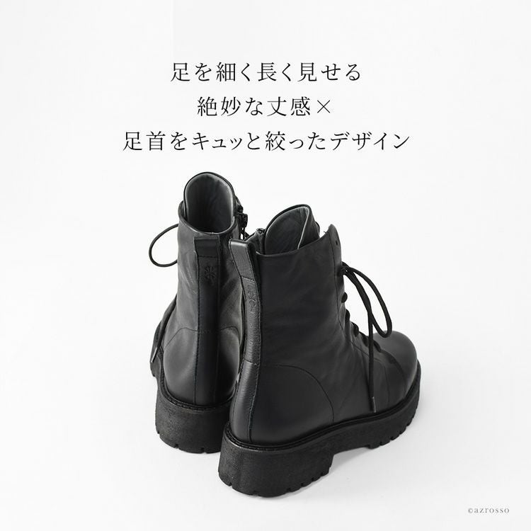 編み上げブーツ 厚底 ショートブーツ レースアップブーツ 本革 黒