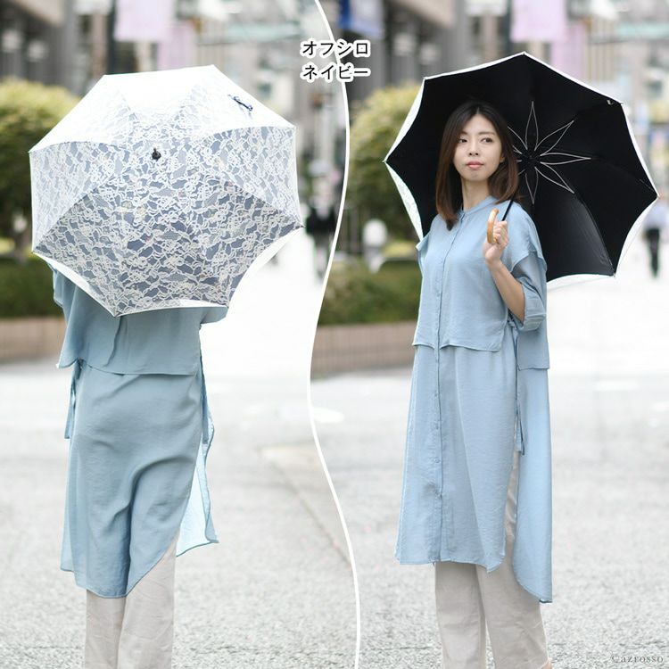 晴雨兼用傘 総レース長傘 遮光 遮熱 さくら骨 ブラック ホワイト ネイビー