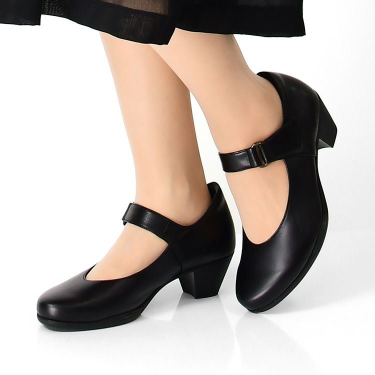 本革 パンプス 黒 ストラップ 5cm 太ヒール 日本製 3E 幅広 痛くない