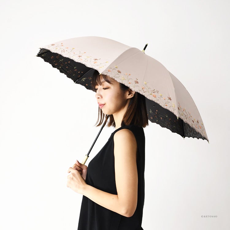 刺繍日傘 晴雨兼用 長傘 遮光100 完全遮光 UVカット100 裏地黒 遮熱