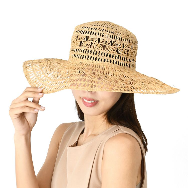 日本製 ラフィア帽子 つば広 UVカット レディース 麦わら帽子 おしゃれ