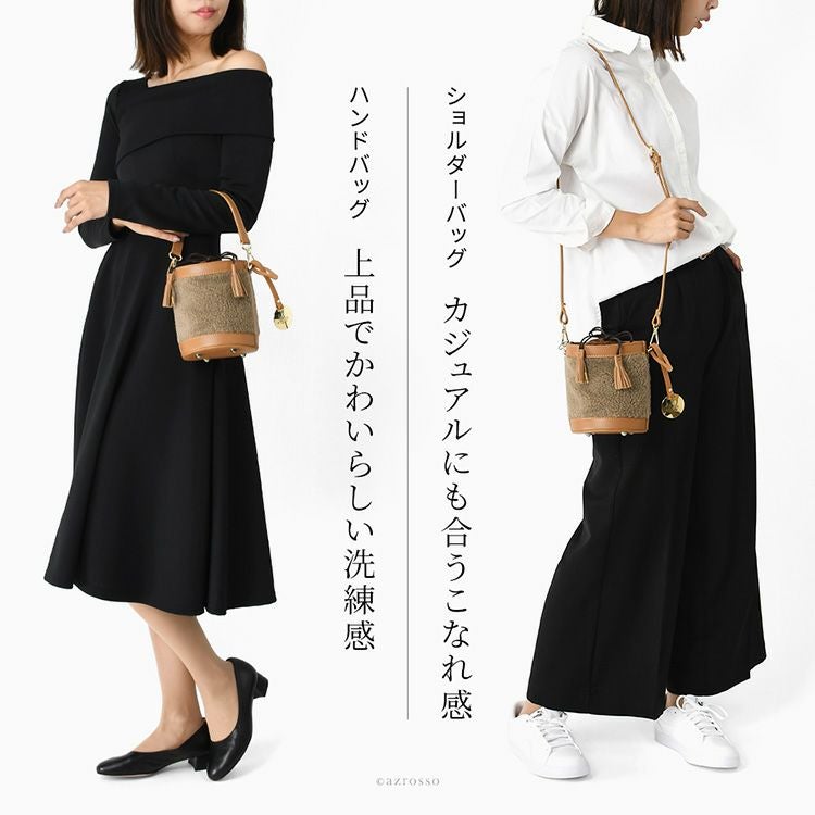 イタリア製 バケツバッグ ボア 巾着 ミニ ショルダーバッグ 2way 本革