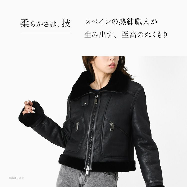 ファーストアベニュー　羊革　SPAIN　ムートンジャケット　黒　レディー【美品】 スペイン製 ムートン ジャケット レディース 本革 軽い 暖かい 冬