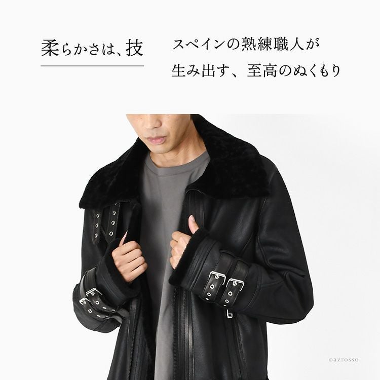 スペイン製 ムートン ジャケット コート メンズ 暖かい ショート丈 黒