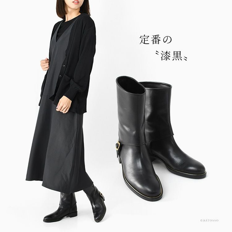 日本製 ローヒール ベルト バックル ショートブーツ レディース 本革