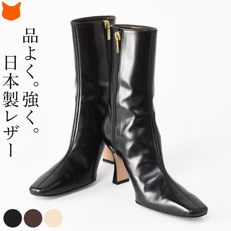 日本製の本革ショートブーツ。秋冬に活躍する一足で、ハイヒールでも安定感があり、脚を美しく見せるスクエアトゥデザイン。きれいめにもモードにも映えます。