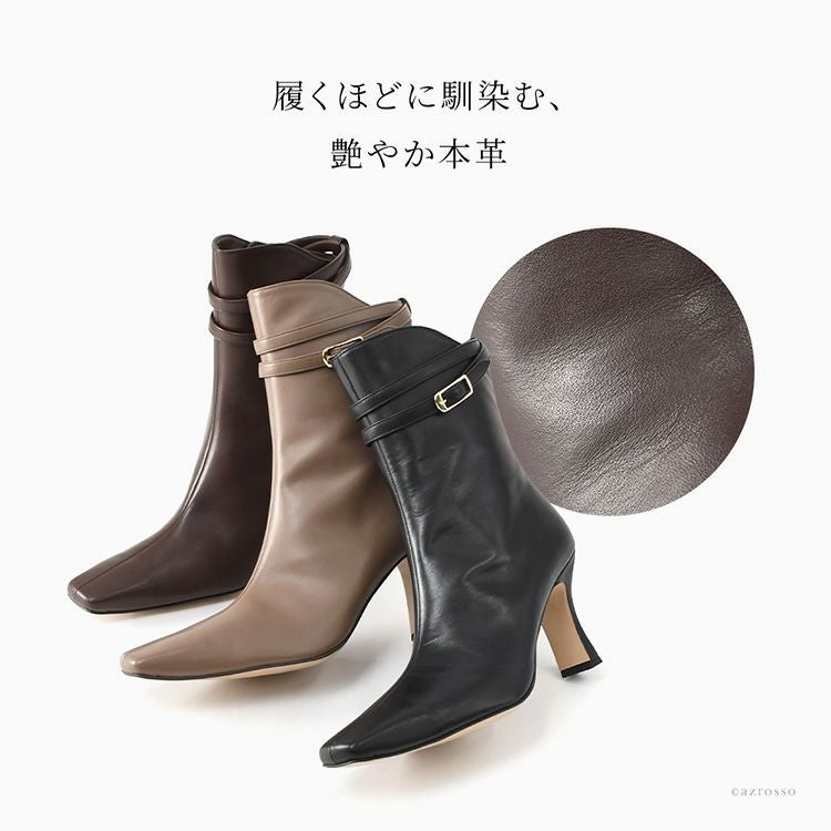 日本製 本革 ベルト ショートブーツ レディース ハイヒール ブーツ