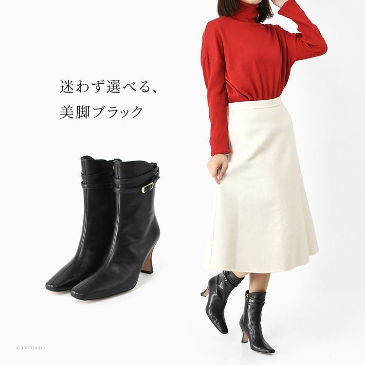 日本製 本革 ベルト ショートブーツ レディース ハイヒール ブーツ