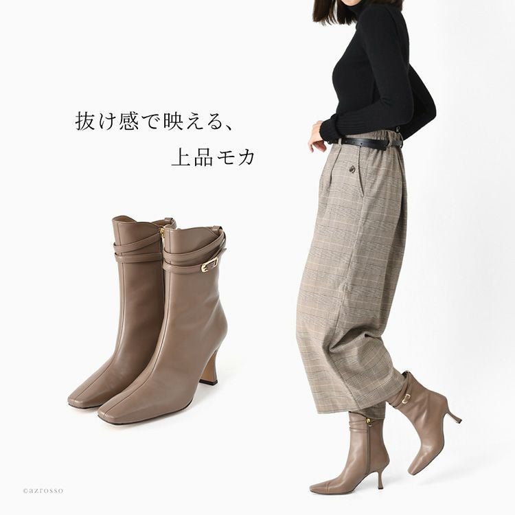 日本製 本革 ベルト ショートブーツ レディース ハイヒール ブーツ