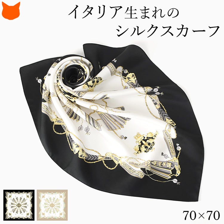 ERTE エルテ シルクスカーフストールイタリア製　ブラック黒×ゴールド Laura Biagiotti スカーフ シルク100% ブラック×ゴールド 88cm｜Yahoo