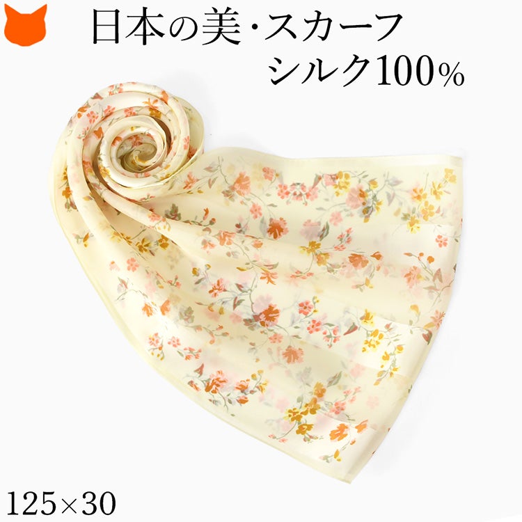 シルク100%のサテン素材でつくる日本製横浜スカーフブランド・キヌフローレスの花柄ロングスカーフ